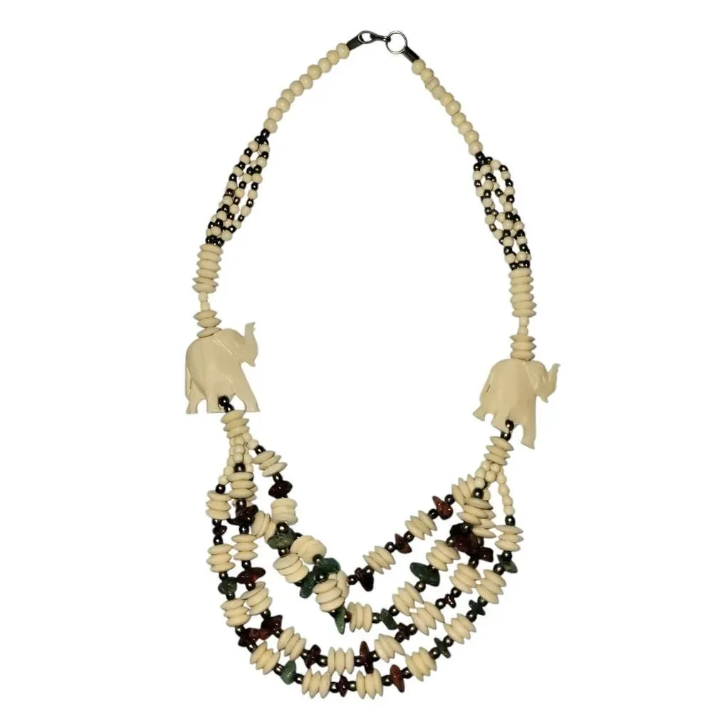 Elephant Beaded Necklace in Cream and Brown